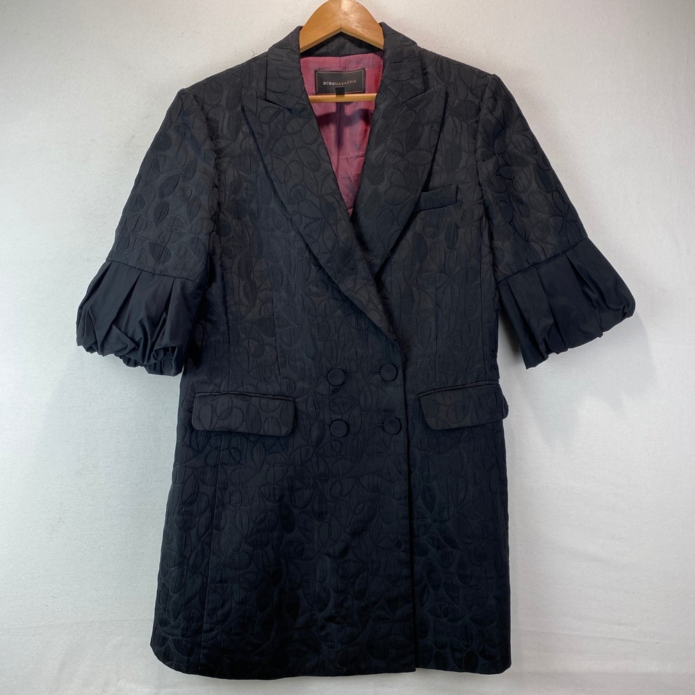 BCBGMAXAZRIA Jacquard Floral Double Breasted Blazer Dress Women Black Puff Sleev
